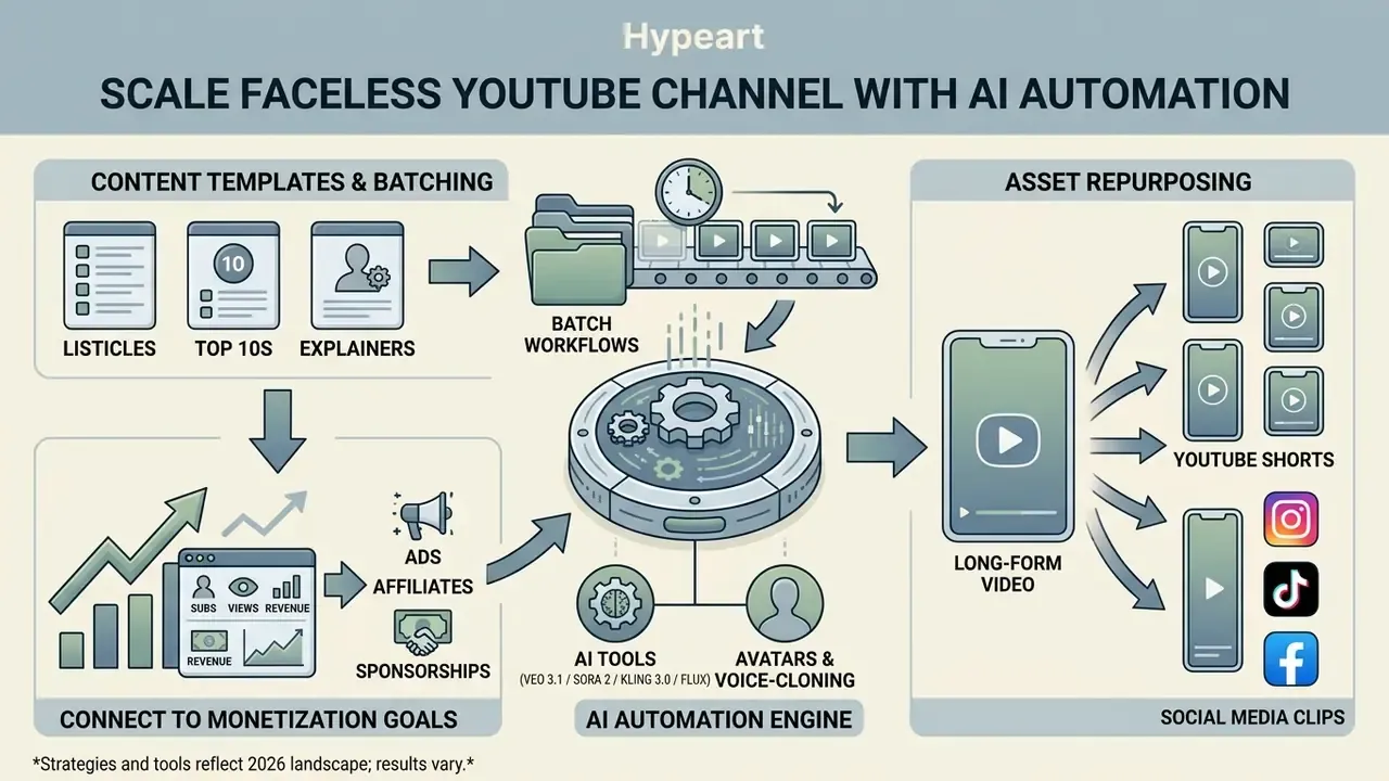 Diagram showing content batching, AI automation, and asset repurposing to create YouTube videos
