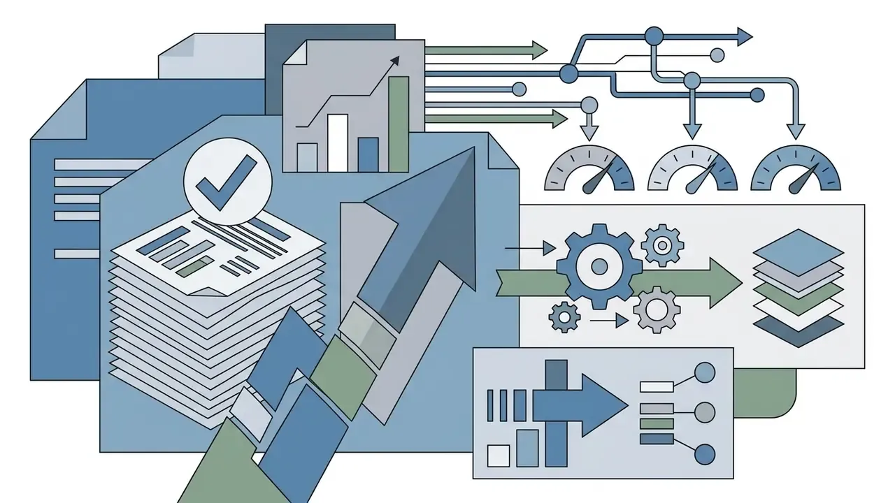 Business documents with growth arrows, performance gauges, and gear mechanisms representing operational scale