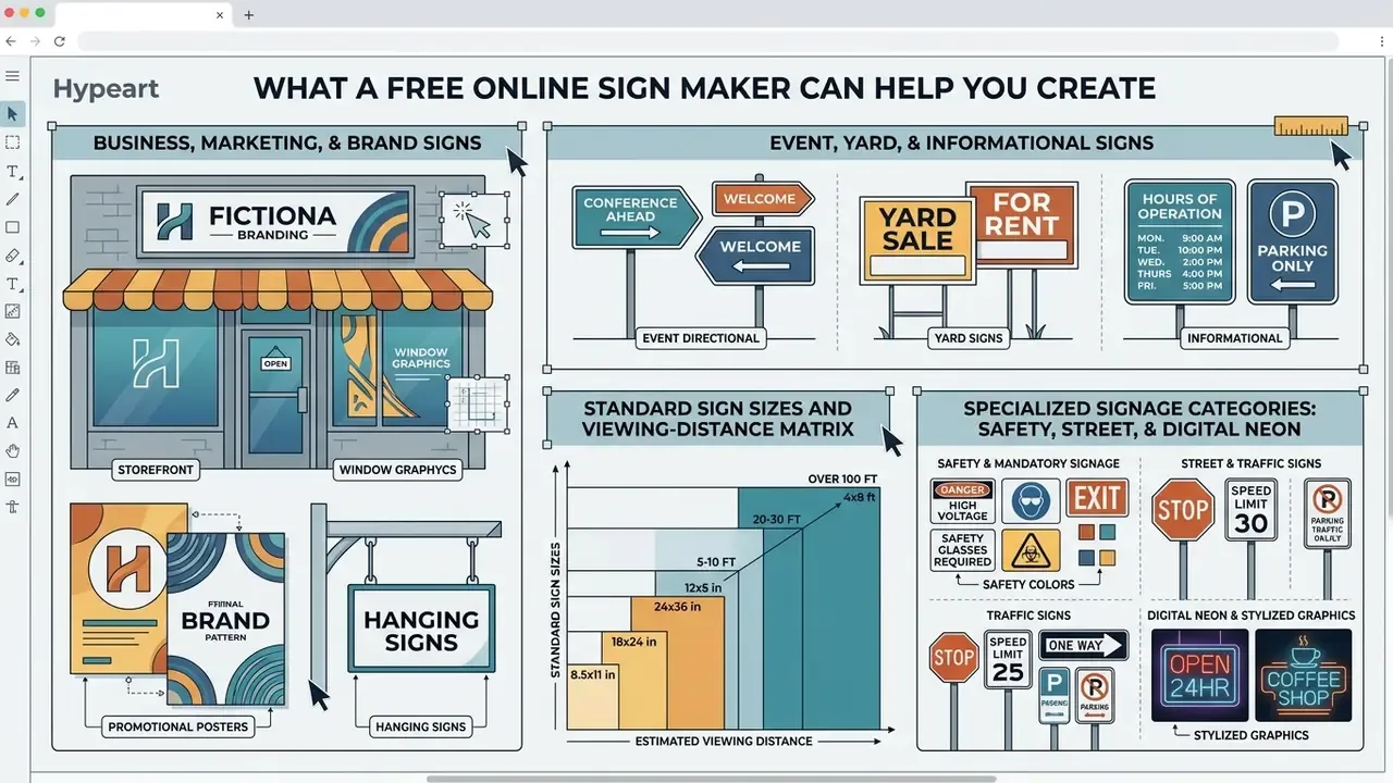 Infographic showing various sign types including storefronts, event markers, and safety signage