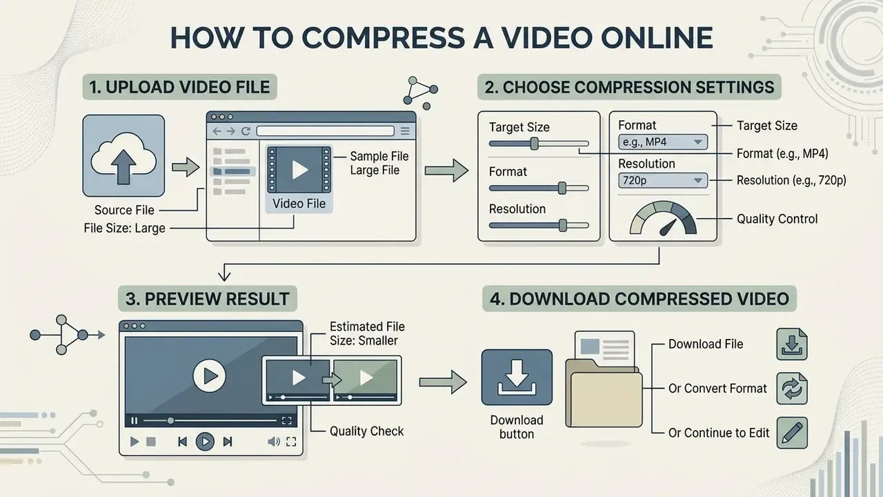Four-step infographic showing how to upload, adjust settings, preview, and download a compressed video file