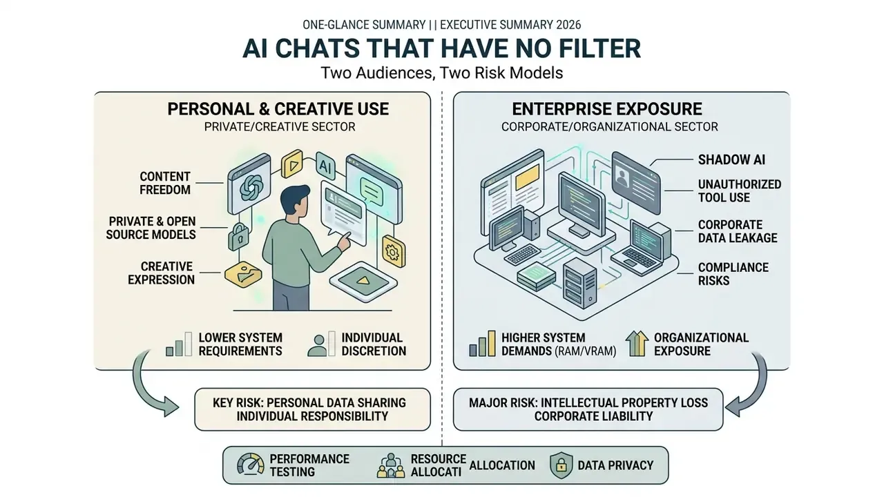 Infographic comparing personal creative use of AI chats that have no filter against enterprise risks
