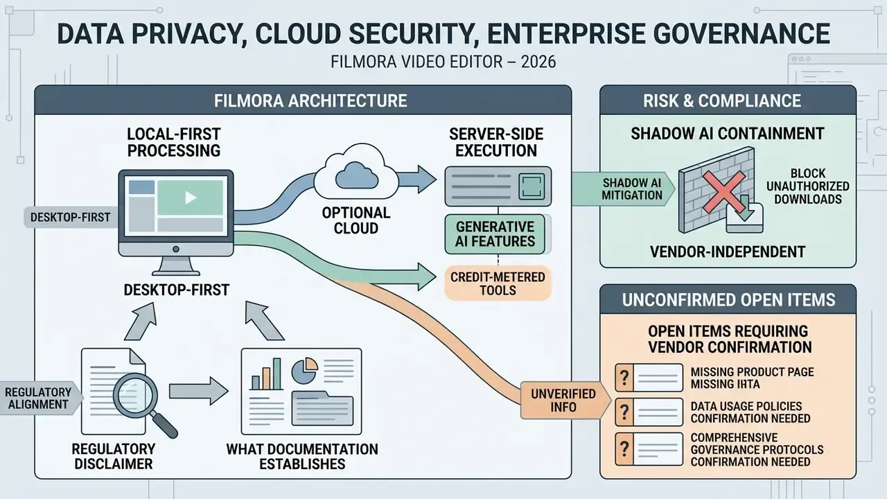 Diagram showing Filmora architecture, local processing, cloud components, and risk compliance workflows