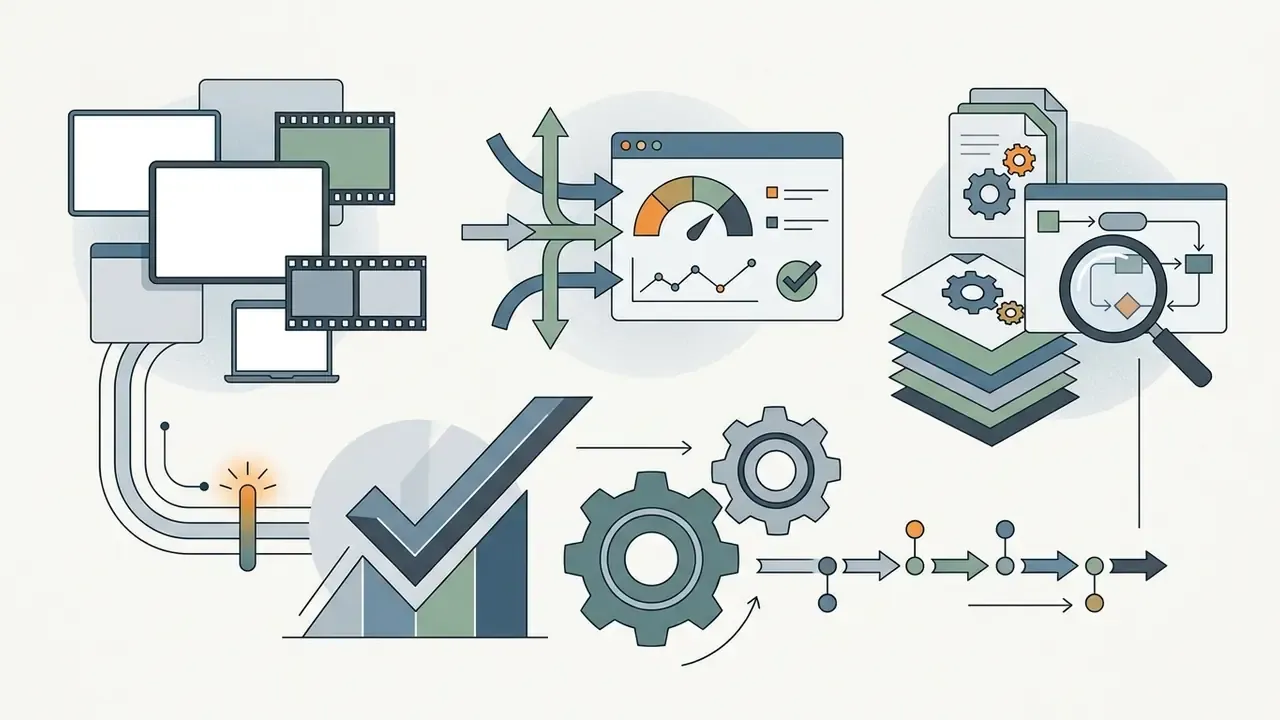 Digital screens and documents feeding into a dashboard, checkmark, and process timeline with gears