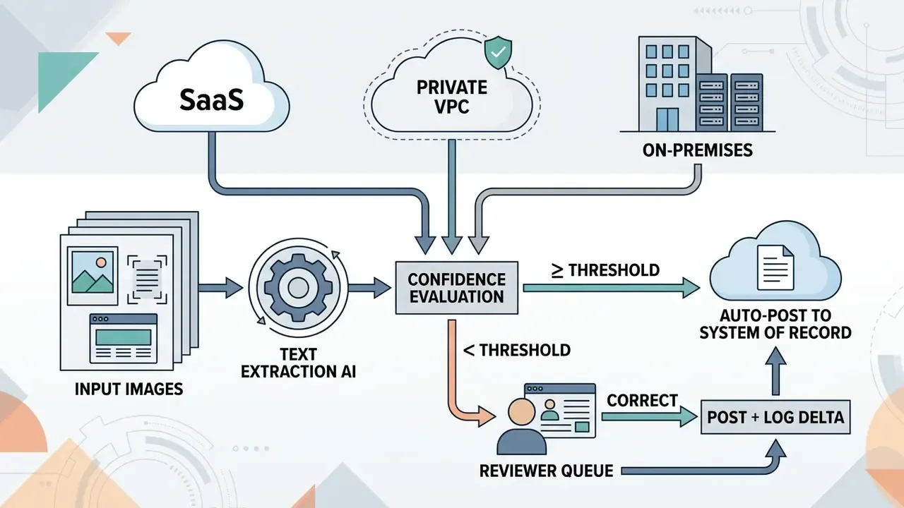 Flowchart showing data extraction confidence evaluation with automated and human review paths