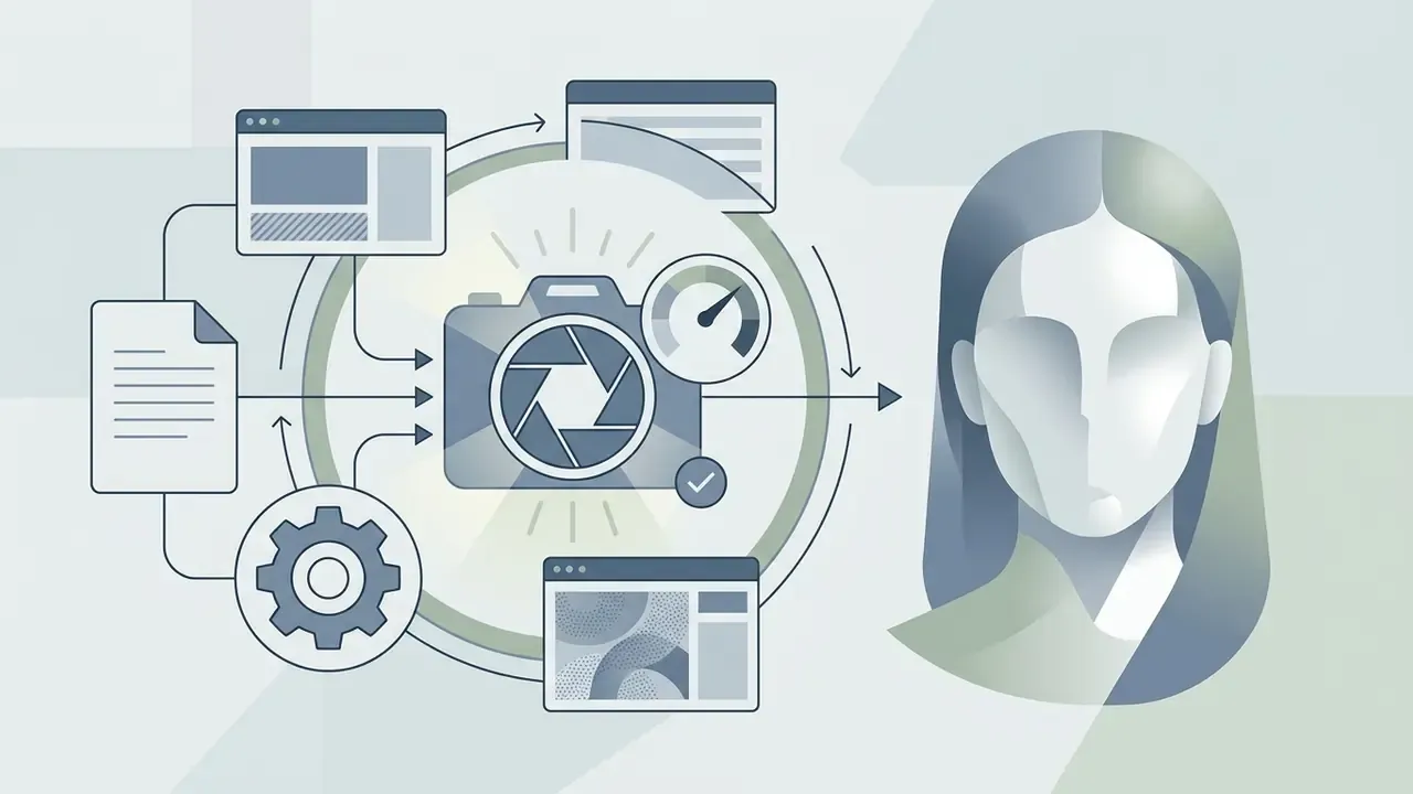 Camera icon with aperture and gauge settings feeding into a stylized portrait of a human face