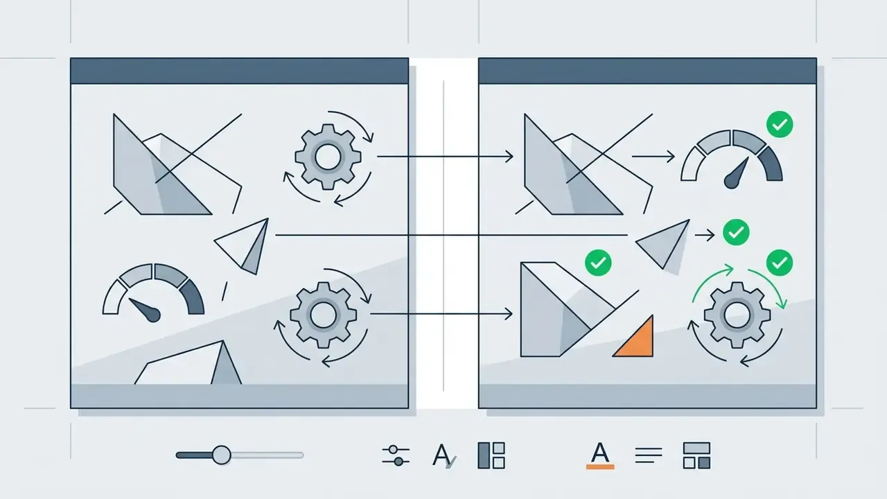 Two panels showing geometric shapes and gears being processed into validated output with green checkmarks