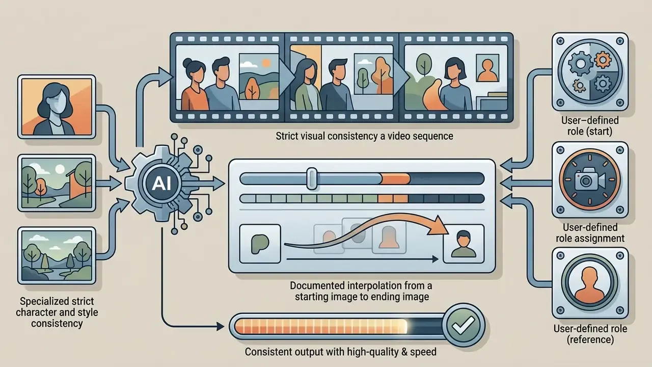 AI gear processing image inputs into a video sequence with user-defined role assignments and interpolation