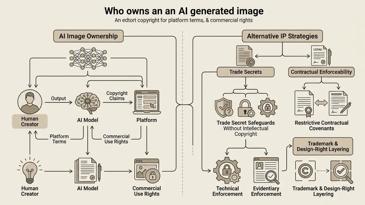 Flowchart comparing AI image ownership models and alternative intellectual property protection strategies