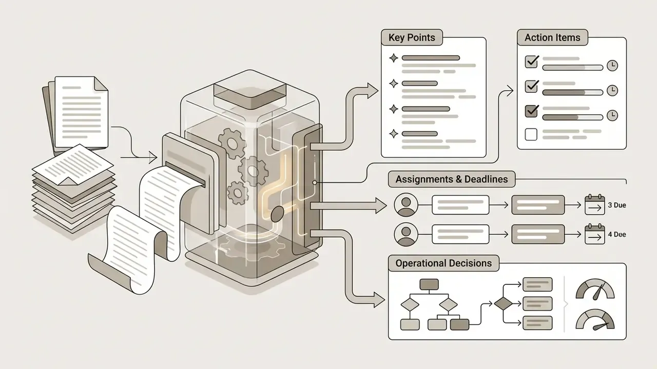 Document processing system converting text inputs into key points, action items, and operational decisions