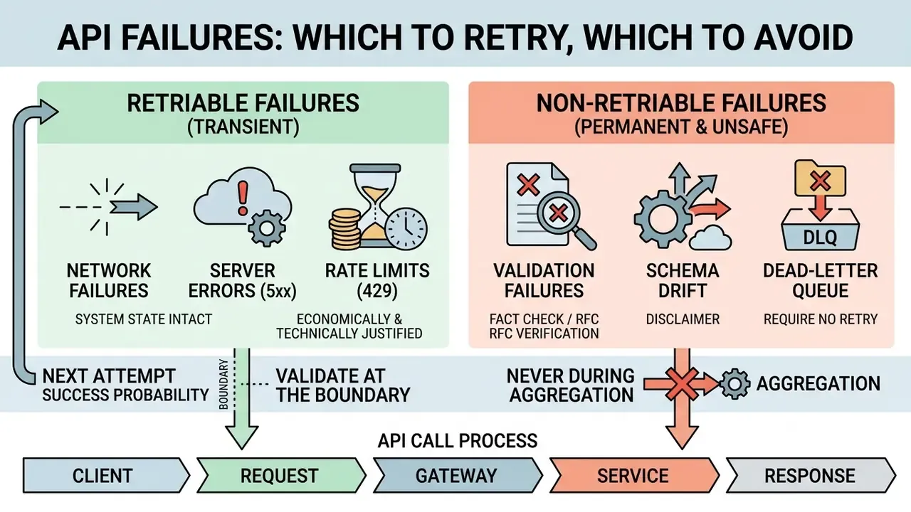Comparison chart dividing API errors into transient retriable failures and permanent non-retriable issues
