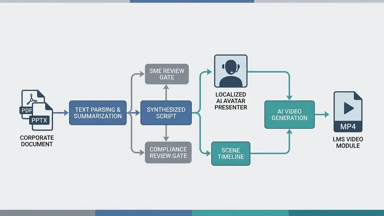 Corporate documents converted into scripts and reviewed before final AI avatar video production
