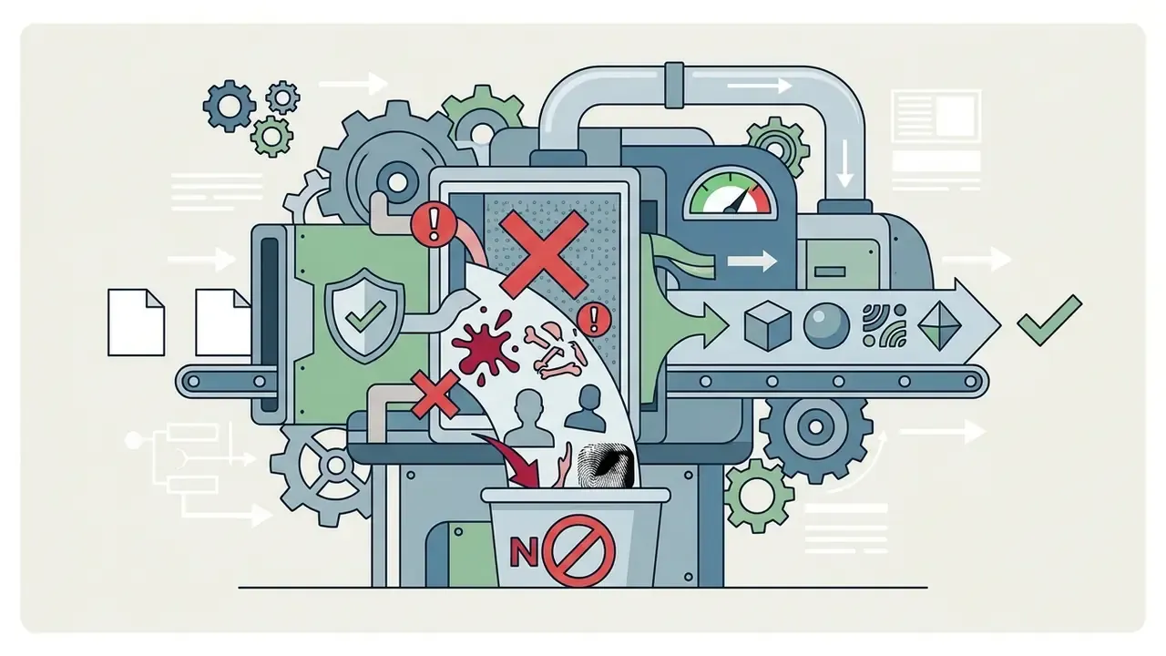 Industrial machine filtering out prohibited content like gore and human figures into a disposal bin