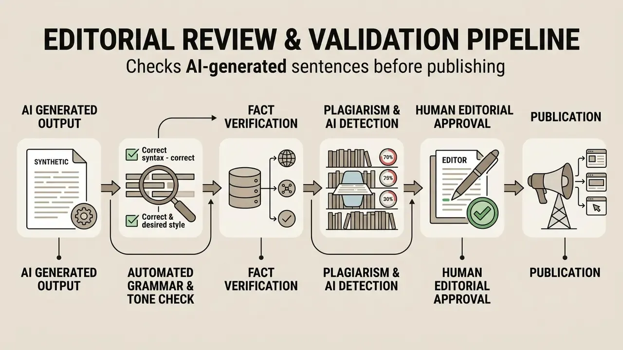 Step-by-step diagram showing the editorial workflow for validating machine-generated text before publishing