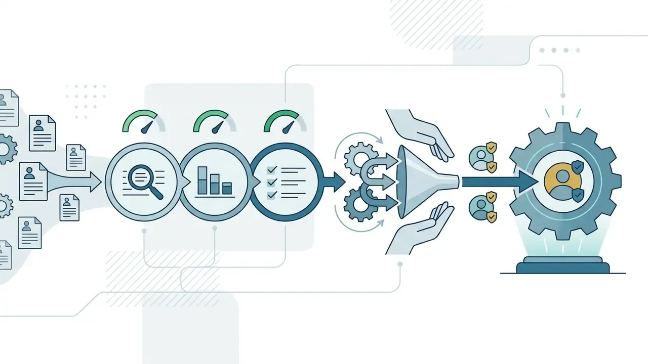 Screening and filtering candidate profiles through a funnel to hire video editor talent for a project