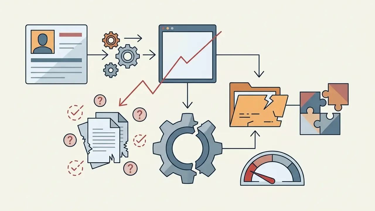 Flowchart showing user profile data processing leading to fragmented output files and broken gear icons