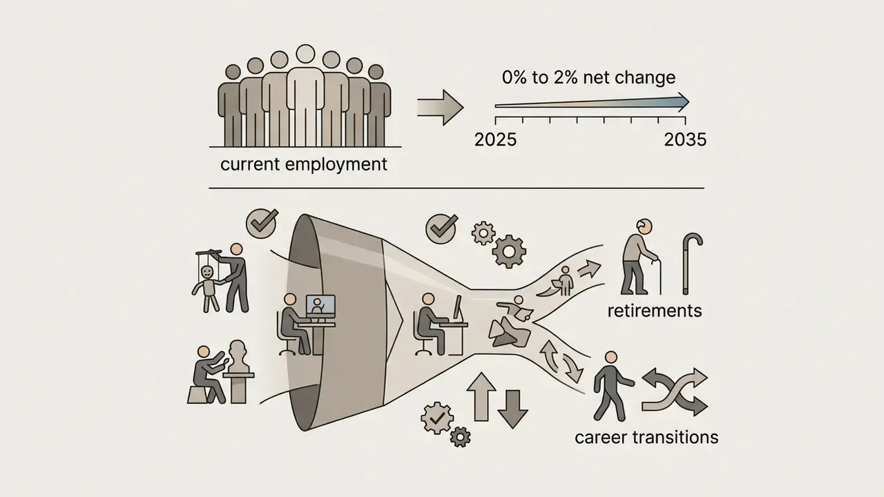 Growth projection graph and a funnel graphic showing animation professionals moving into retirement or new roles