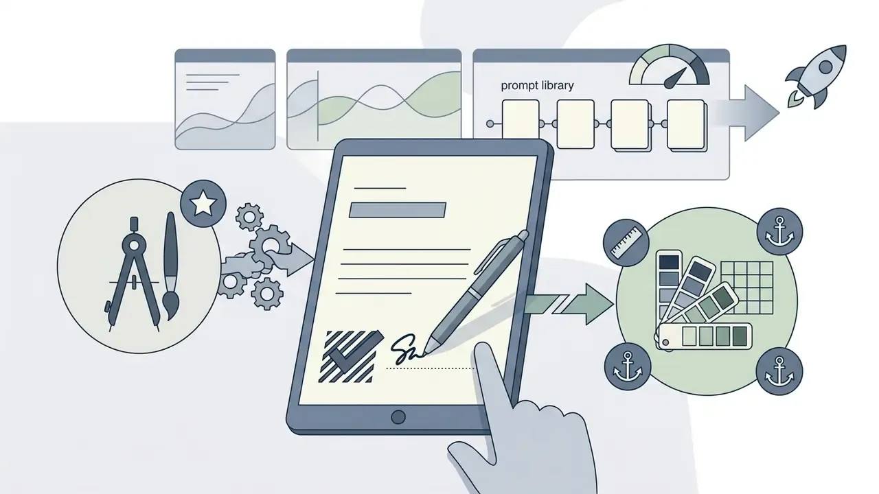 Tablet signing process for Luma Dream Machine creative assets involving prompt libraries and color palettes