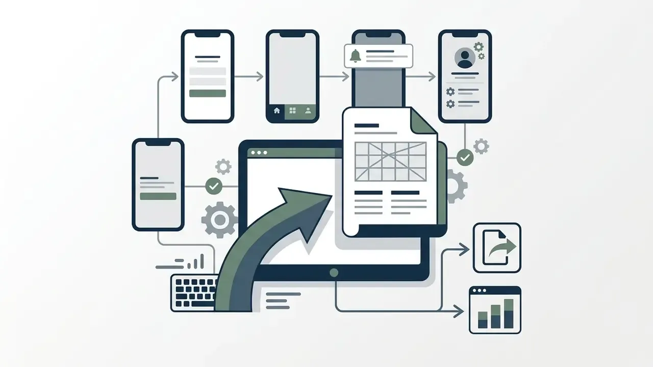 Series of mobile app screens connected by arrows showing authentication and navigation flows