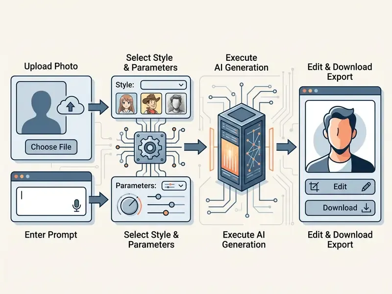 Step-by-step diagram showing the workflow of an AI cartoon generator from input to final download