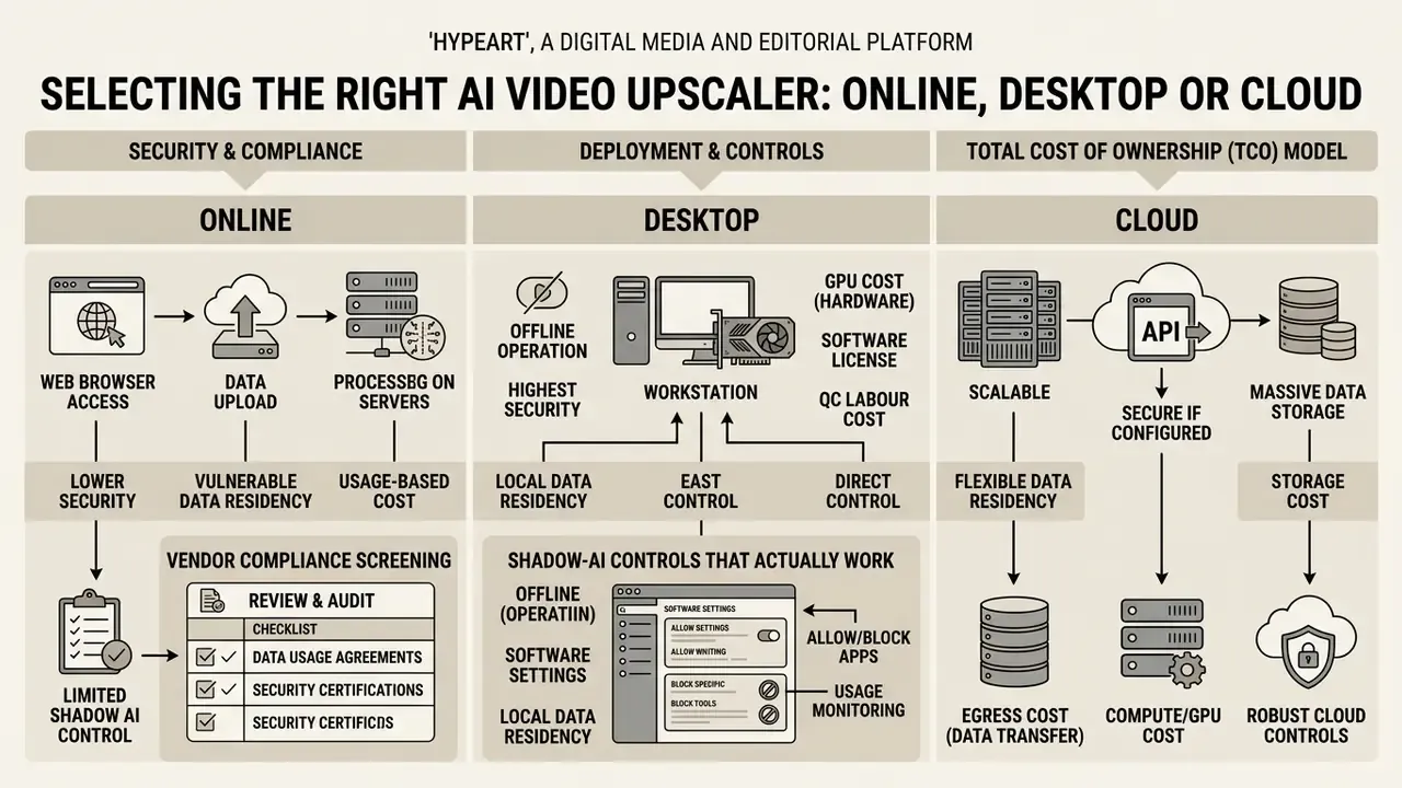 Comparison infographic detailing security, deployment, and cost factors for online, desktop, and cloud AI upscaling