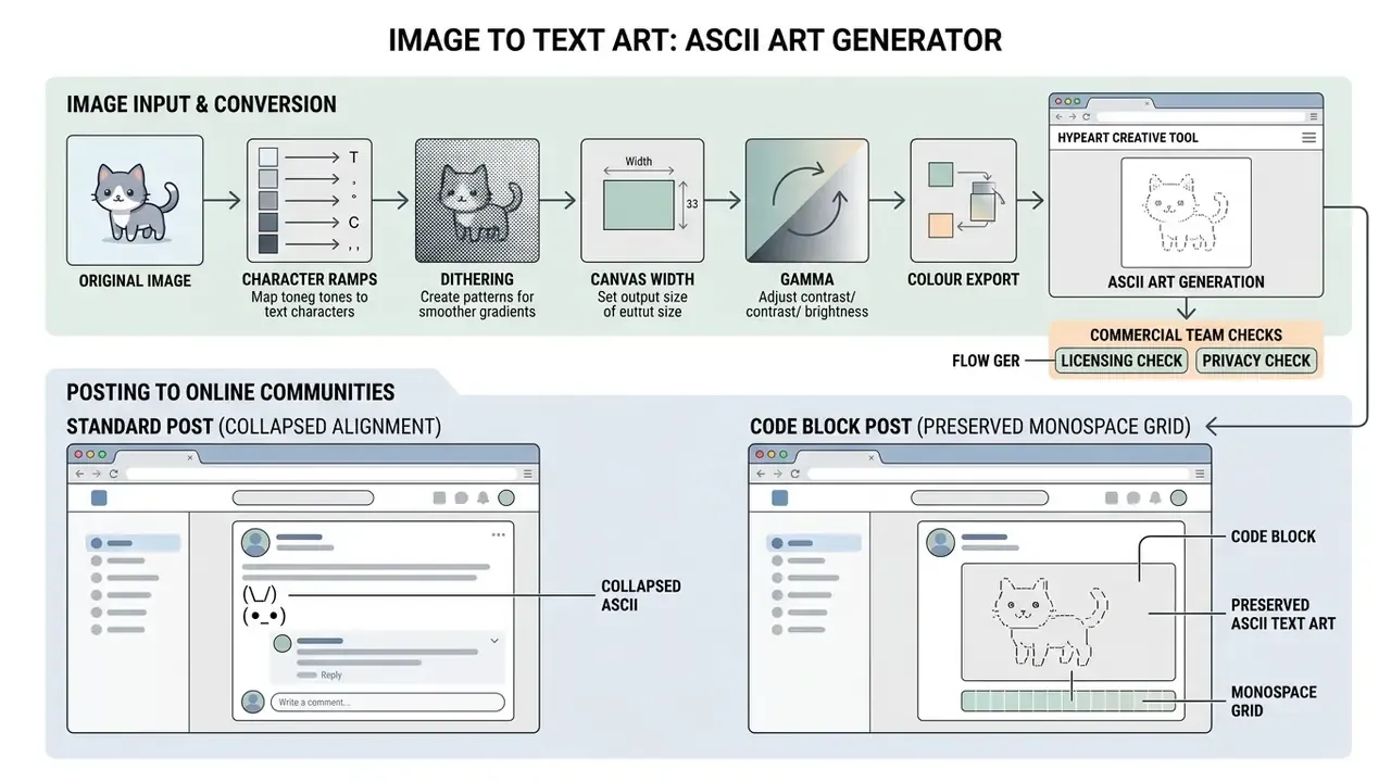 Process diagram showing the conversion of a cat photo into character-based graphics for social media posts