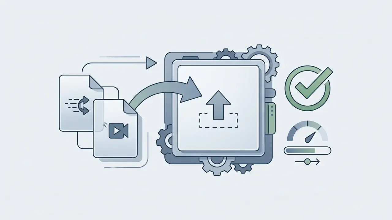 Video files being uploaded into a digital box surrounded by gears, a checkmark, and a progress gauge