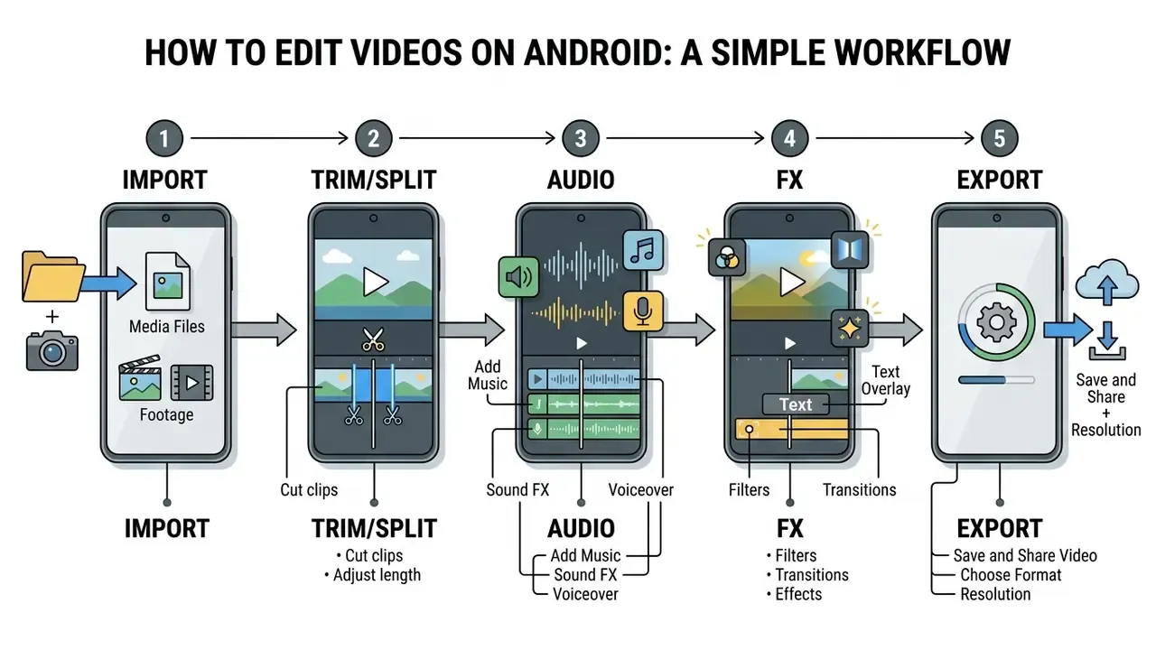 Five-step workflow showing video import, trimming, audio mixing, effects application, and final file export