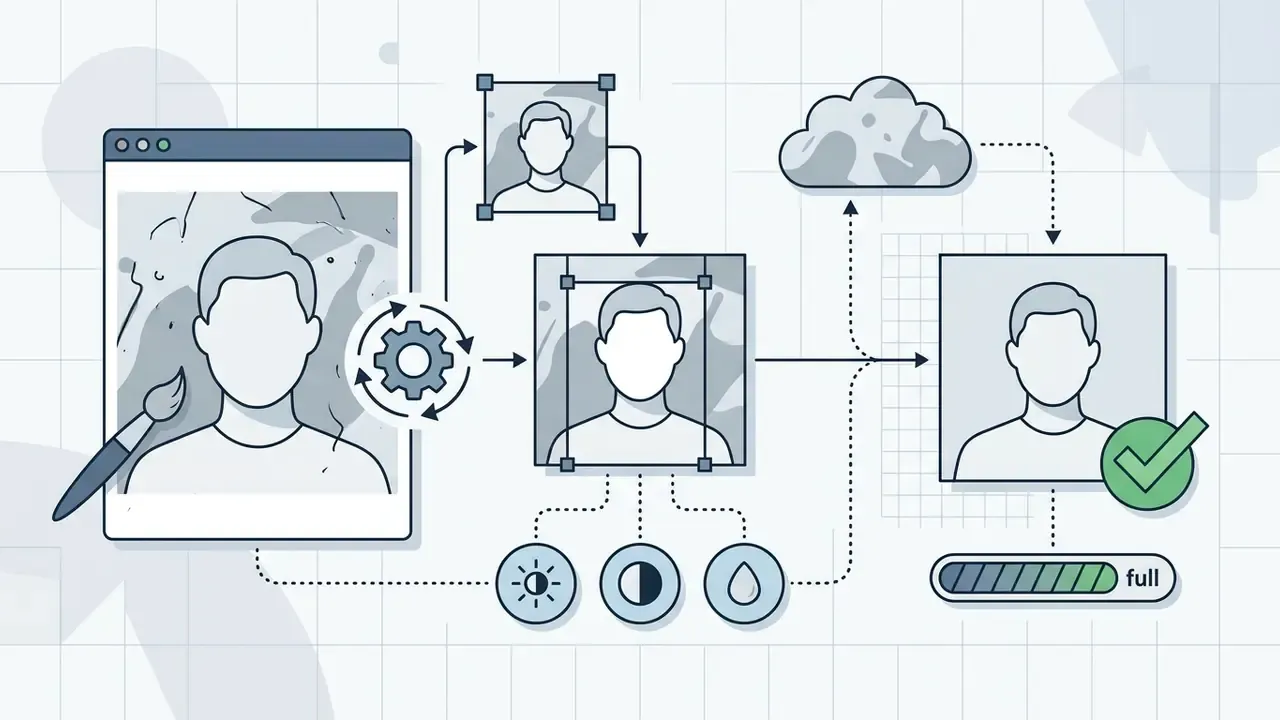 Portrait editing process showing tools for cropping, adjusting lighting, and applying cloud-based enhancements