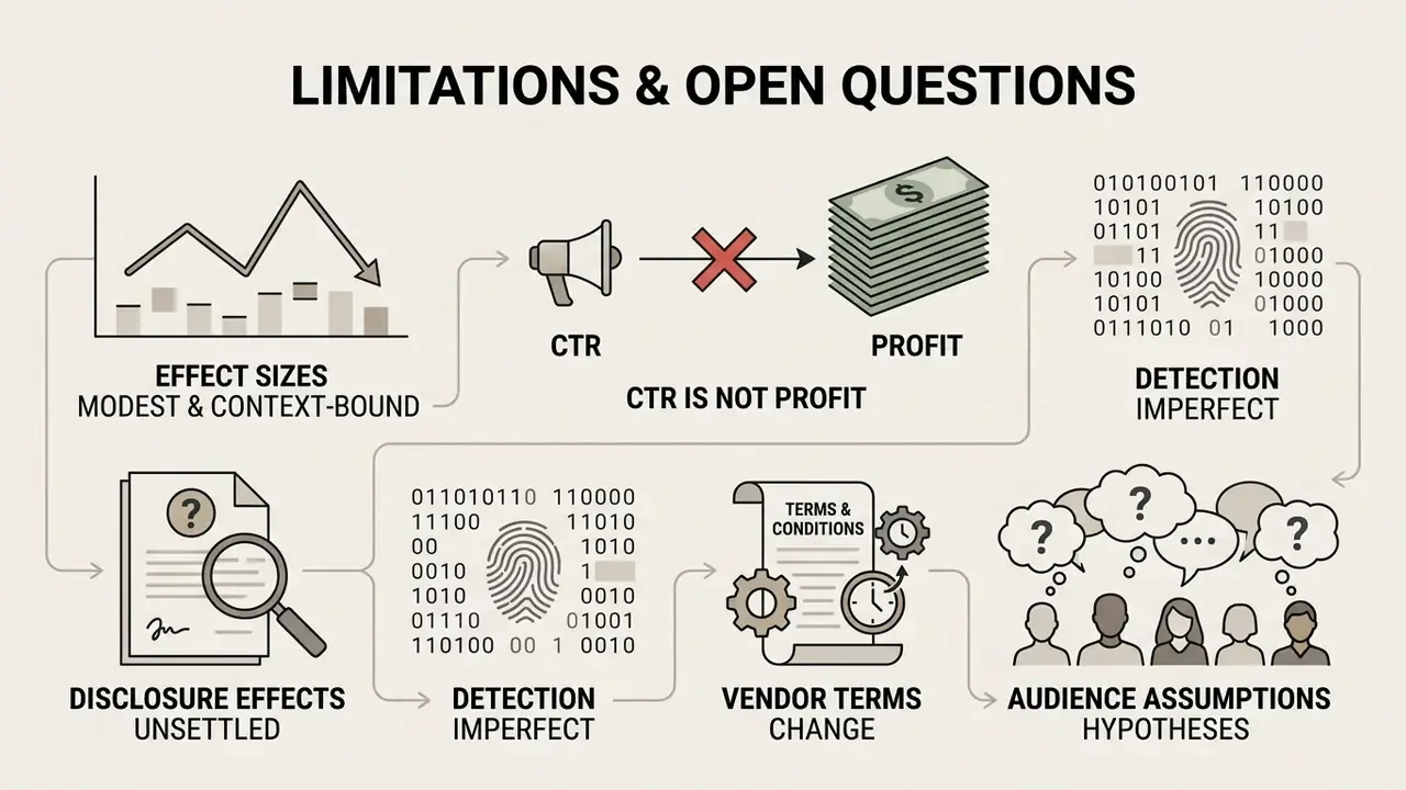 Series of icons illustrating challenges like modest effect sizes, profit gaps, and changing vendor terms