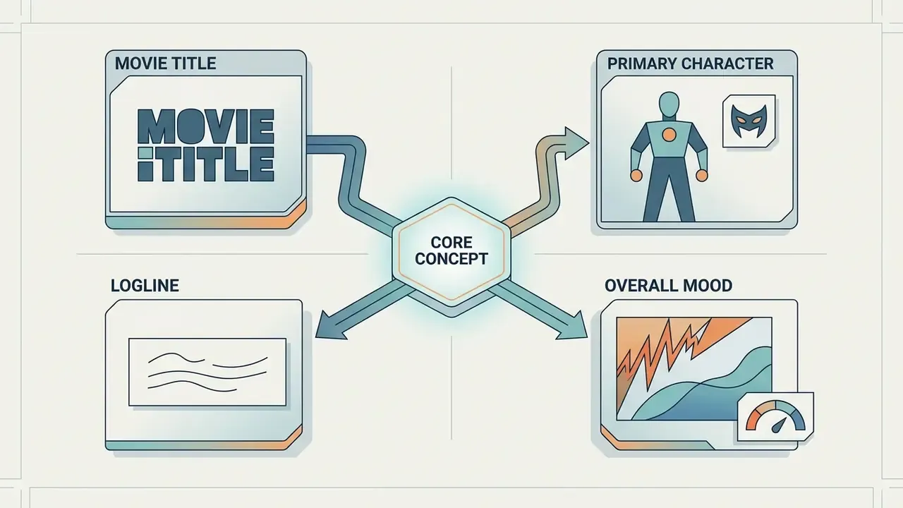 Central core concept icon connected to four boxes representing movie title, character, logline, and mood