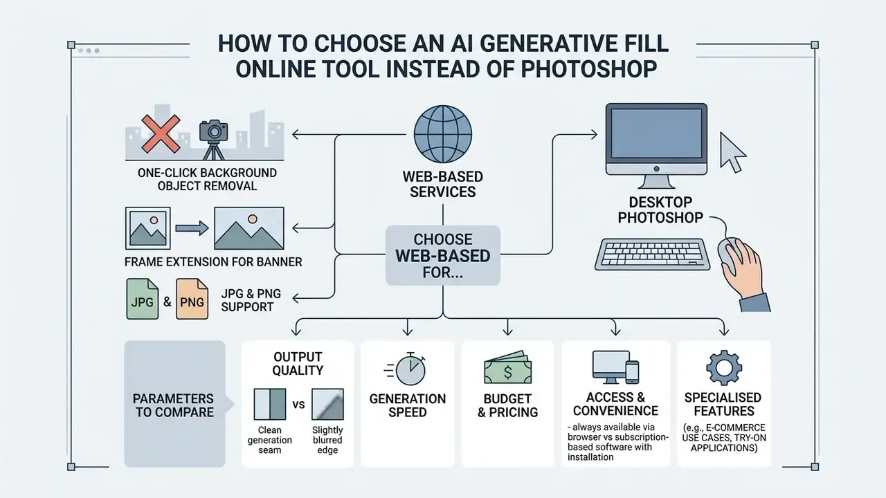 Comparison chart showing when to use web-based services versus Photoshop for image editing tasks