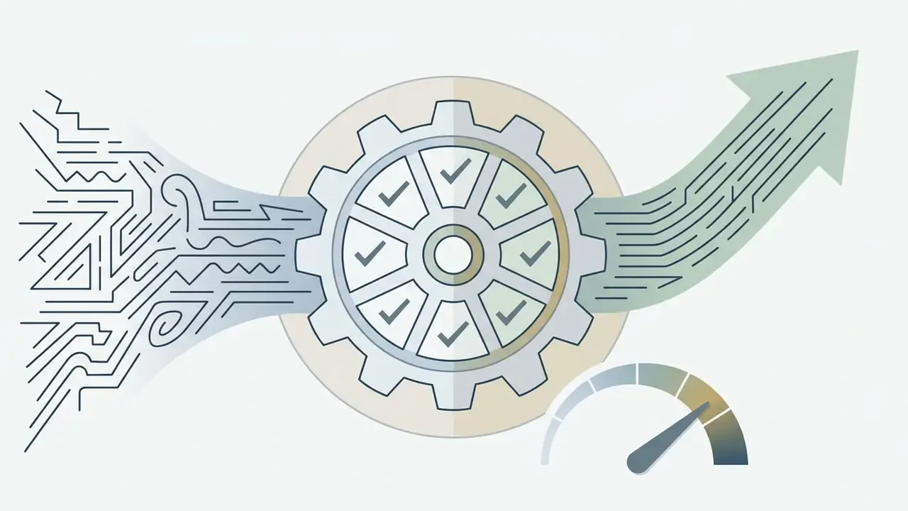 Circuit lines feeding into a gear marked with checkmarks and exiting as an upward trending arrow
