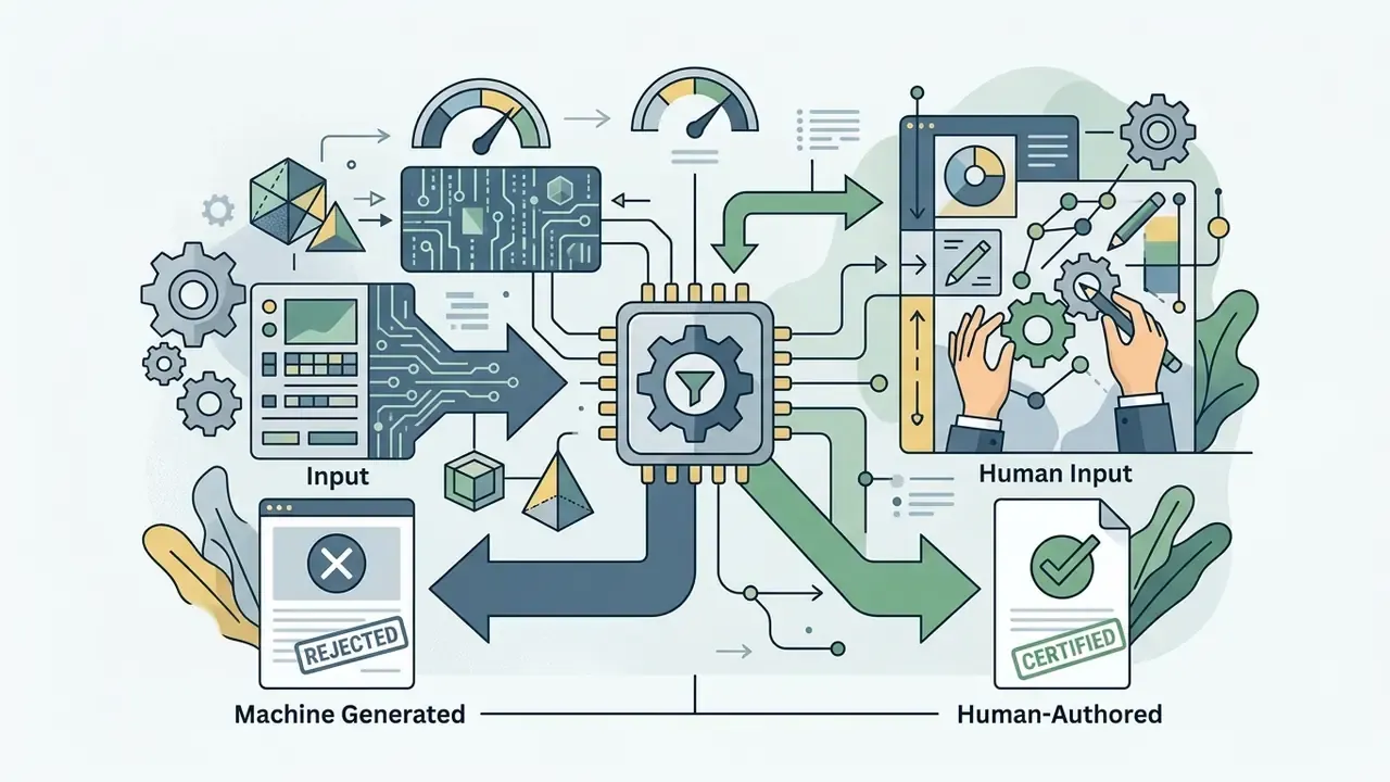 Diagram contrasting rejected machine-generated outputs with certified human-authored creative work