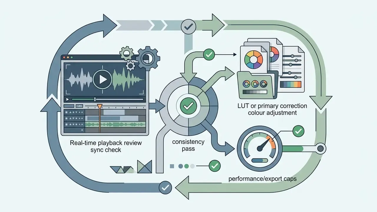 Circular workflow showing video playback review, color adjustment, and performance monitoring steps