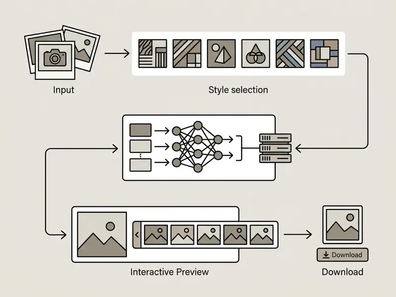 Flowchart illustrating the photo to cartoon AI pipeline from photo upload through processing to download