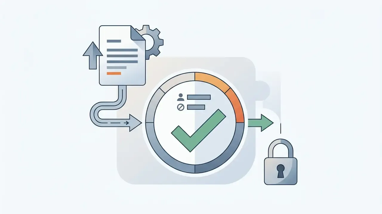Document icon feeding into a status gauge that outputs to a locked padlock icon