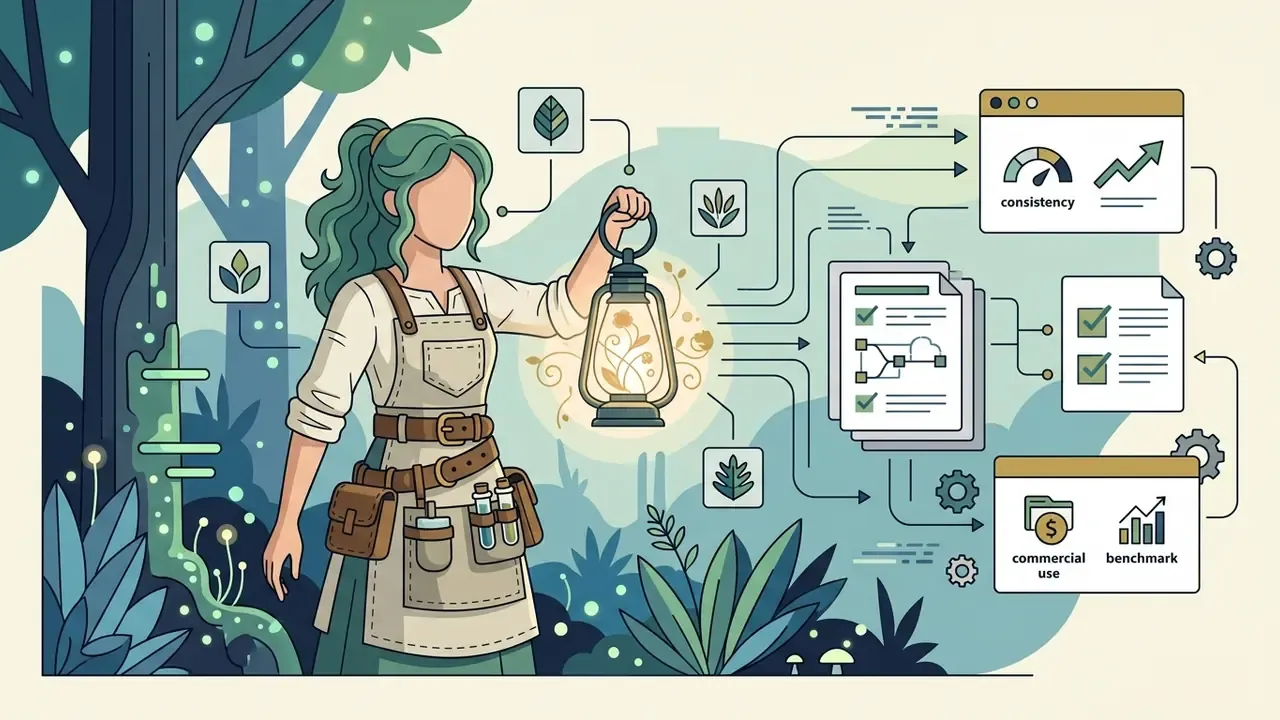 Green haired herbalist holding a lantern connected to data documents and performance metrics in a forest