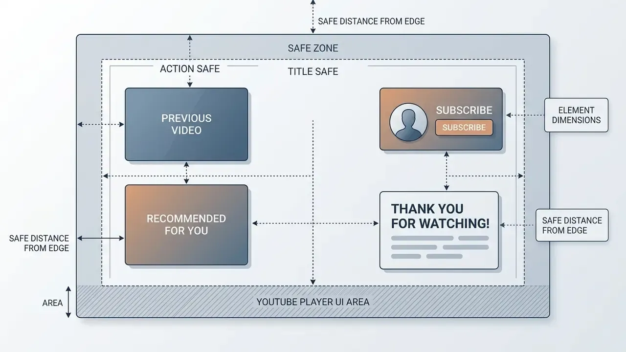 Technical schematic detailing video safe zones with labeled placement for buttons and end screen elements