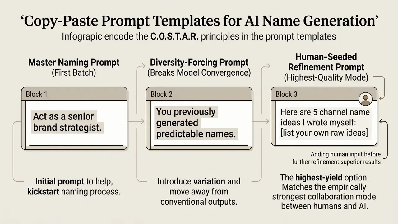 Three sequential prompt templates for an AI YouTube channel name generator displayed in a process flow