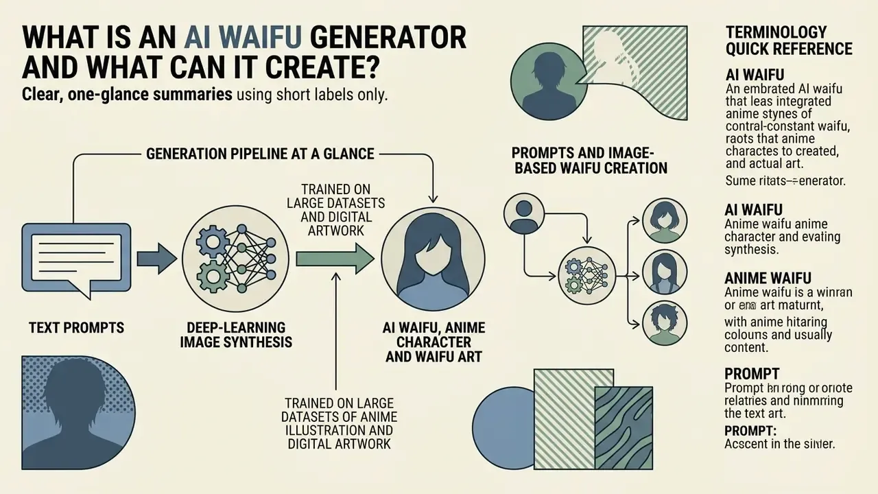 Infographic showing the generation pipeline for an AI waifu generator alongside a terminology reference