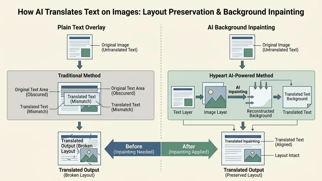 Comparison infographic showing traditional text overlay versus AI background inpainting workflows