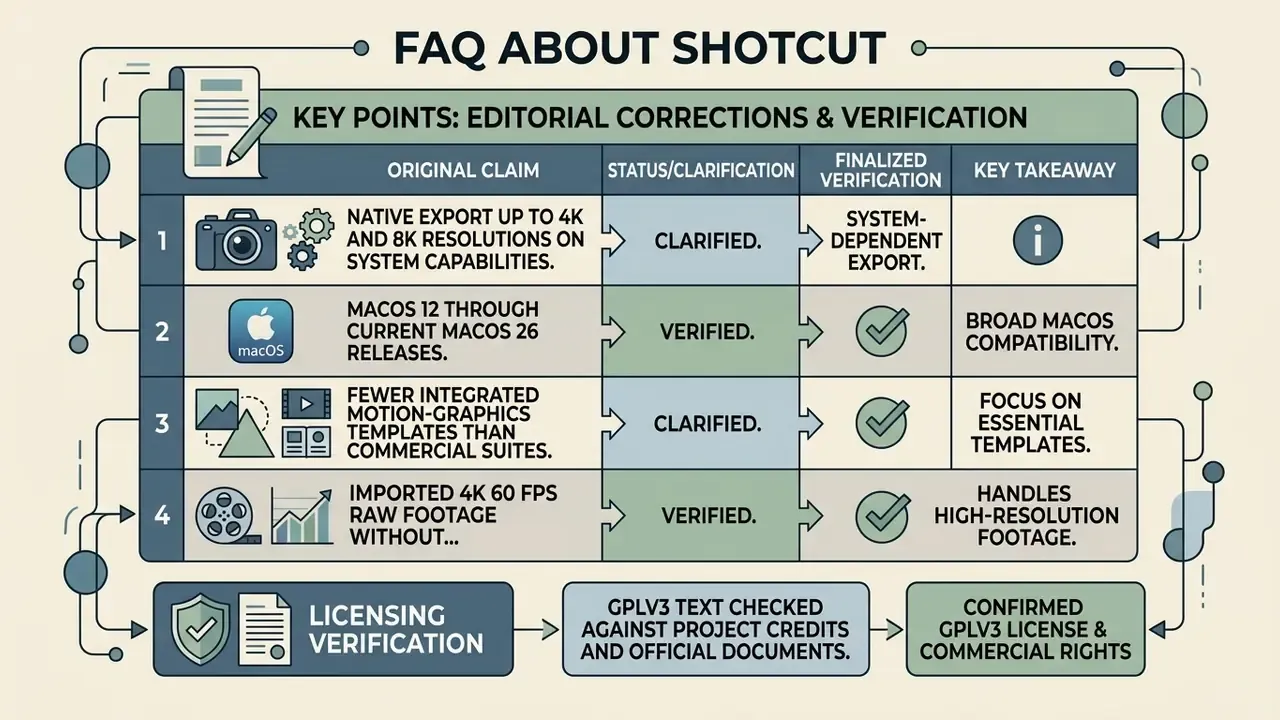 Table detailing editorial corrections and verification status for software claims and licensing