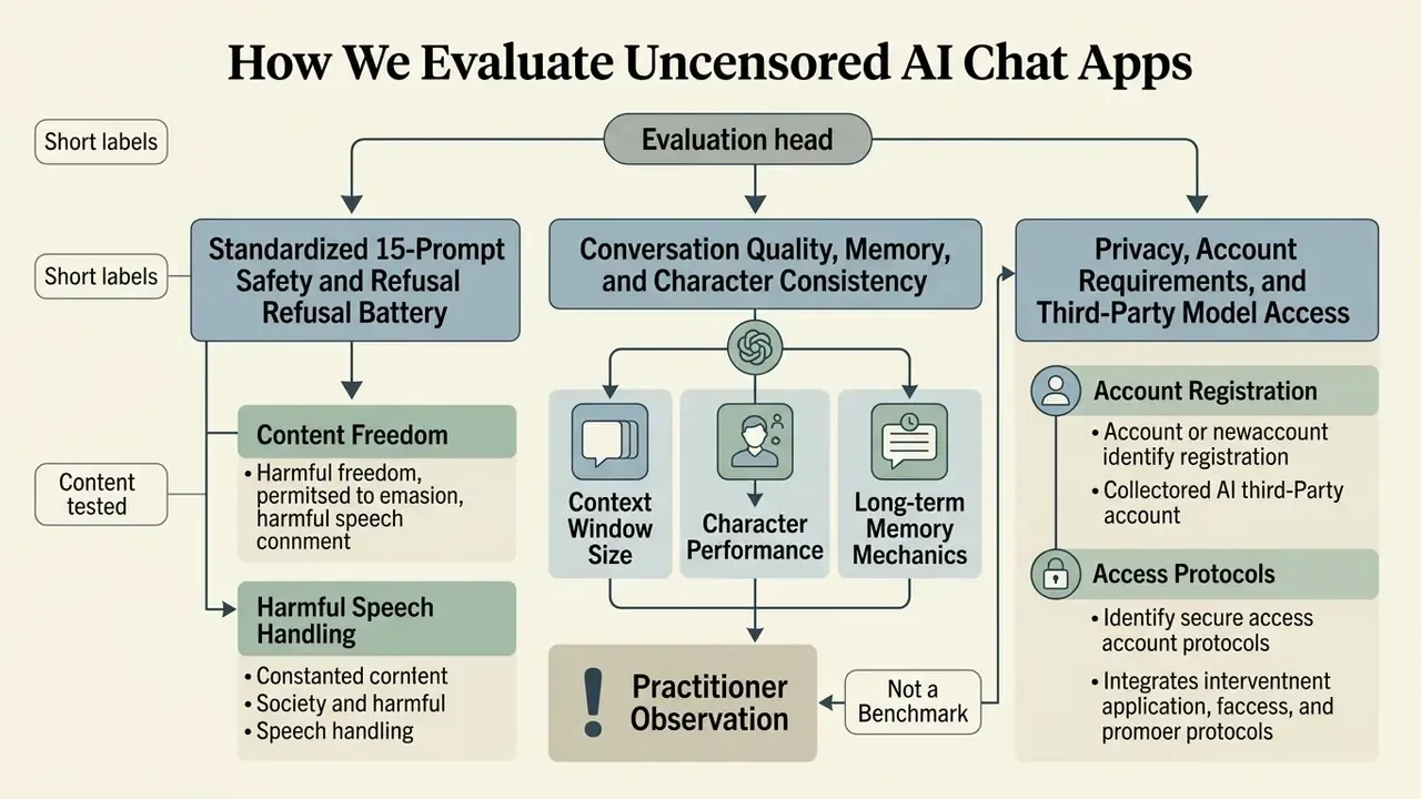 Diagram detailing criteria for testing AI chats that have no filter including safety and performance