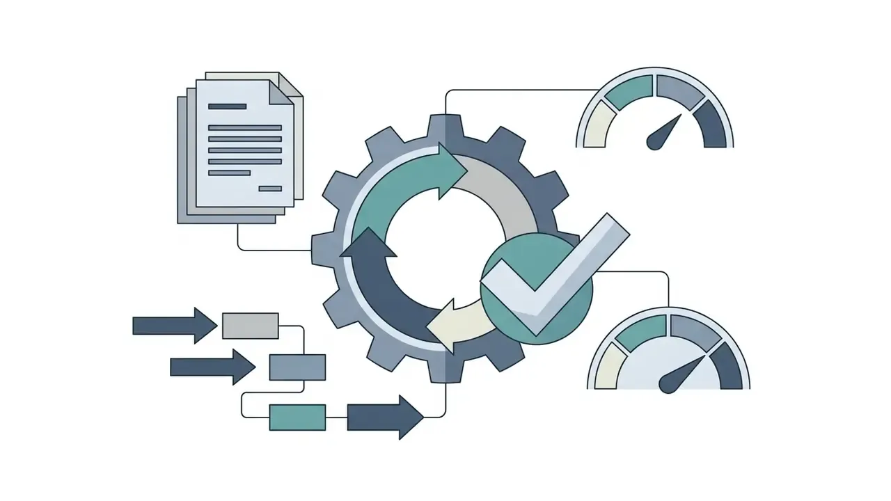 Documents and workflow steps feeding into a gear system with a checkmark and two gauge indicators