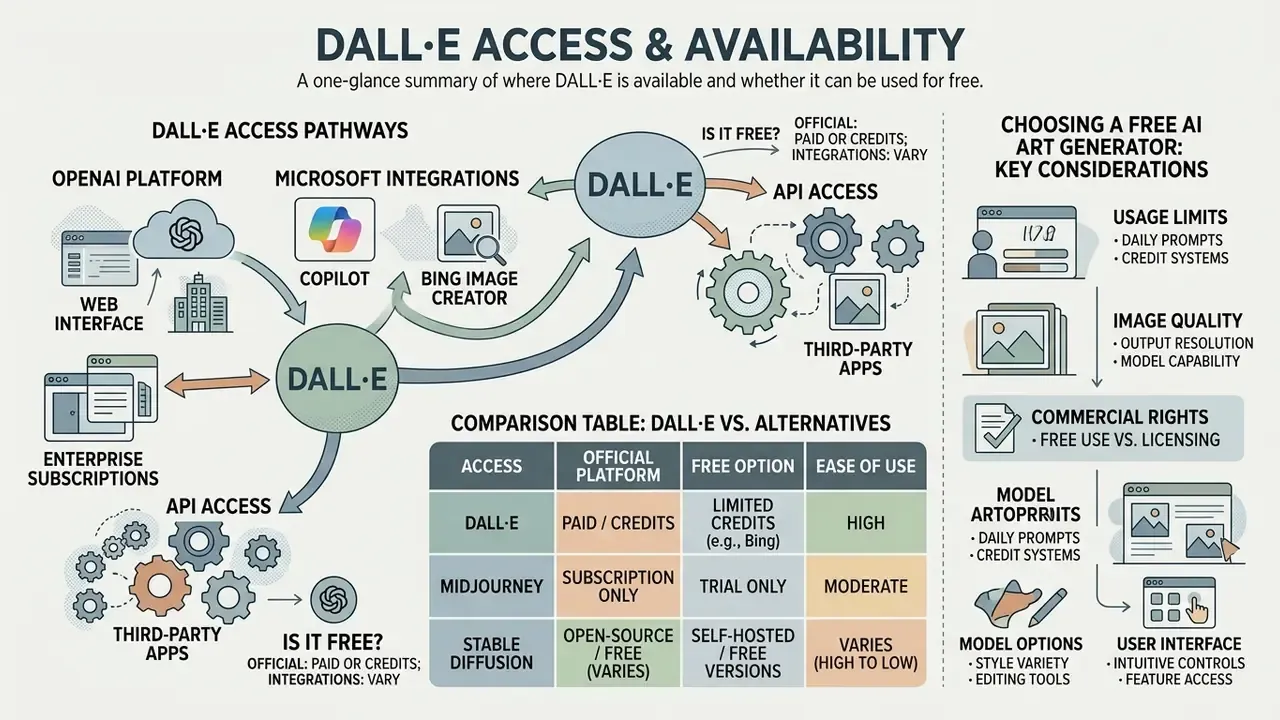 Infographic mapping DALL-E access pathways, a comparison table with alternatives, and key considerations