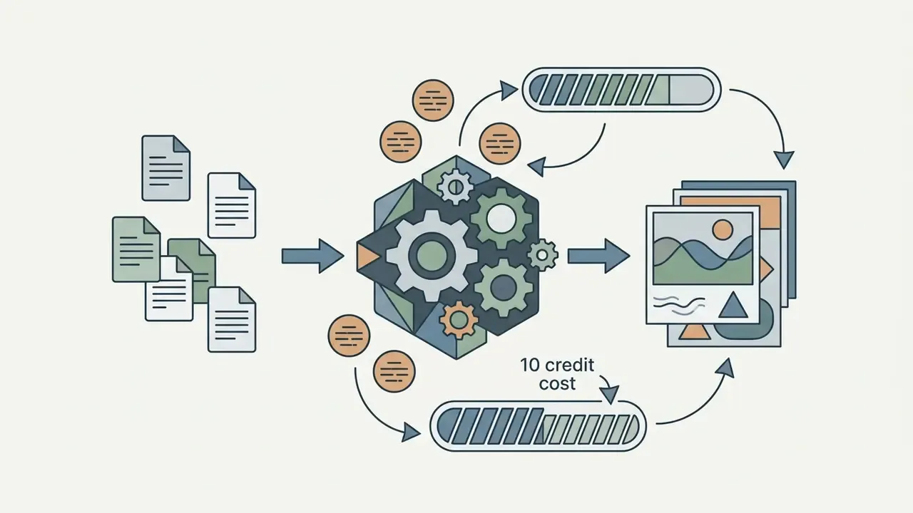 Document icons feeding into a gear mechanism that outputs image frames and tracks credit consumption