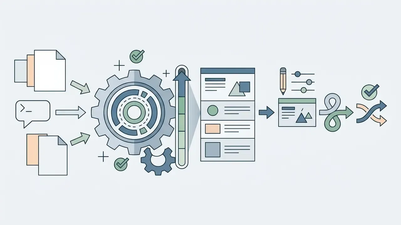 Documents and prompts feeding into a gear mechanism that processes data into slides and design edits