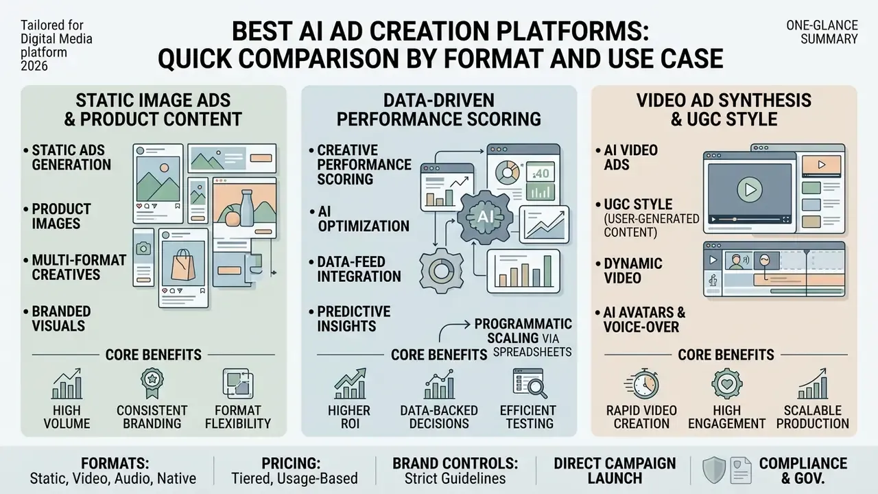 Infographic comparing AI ad tools for static images, data-driven performance scoring, and video synthesis