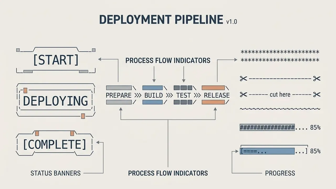 Diagram showing deployment status banners, process flow indicators, and various progress bar styles