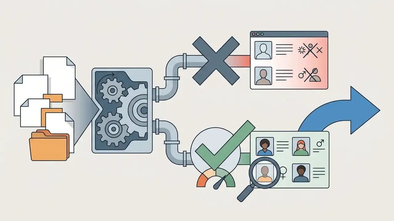 Documents feeding into a gear mechanism that filters biased content while approving diverse AI outputs
